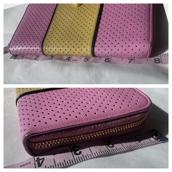 PRADA Pink Yellow Perforated Saffiano Zip Around Wallet - Picture 10 of 11